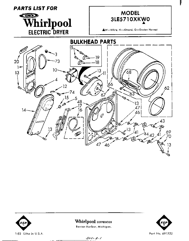 SECTION Diagram and Parts List for 3LE5710XKW0  Whirlpool Dryer