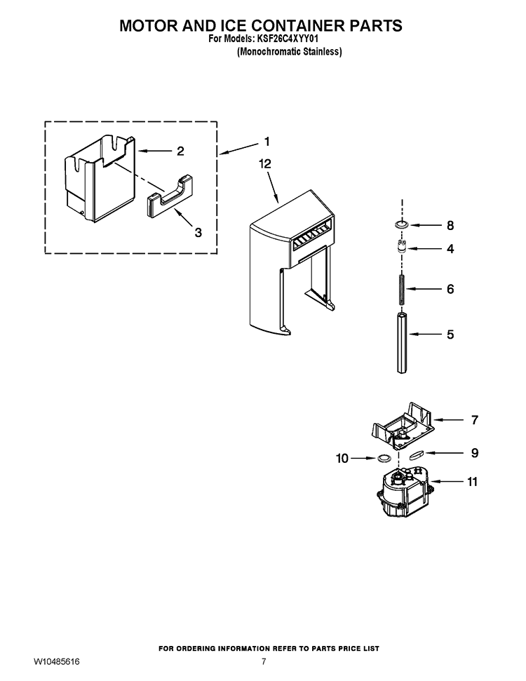 MOTOR AND ICE CONTAINER PARTS Diagram and Parts List for KSF26C4XYY01  KitchenAid Refrigerator