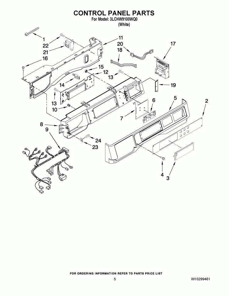 CONTROL PANEL PARTS Diagram and Parts List for 3LCHW9100WQ0  Whirlpool Washer