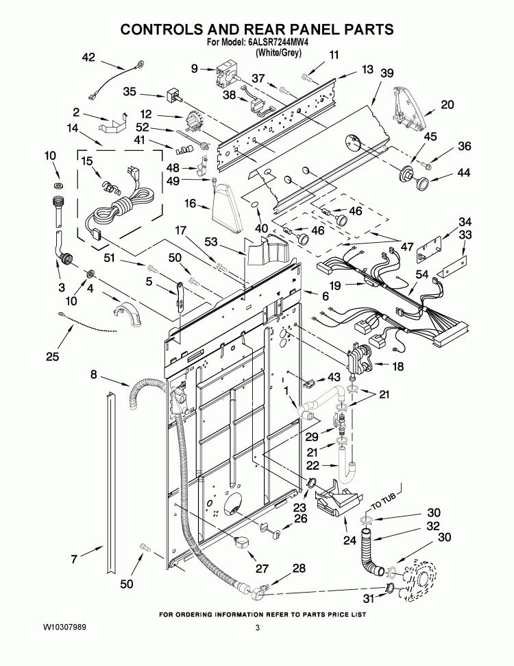 CONTROLS AND REAR PANEL PARTS Diagram and Parts List for 6ALSR7244MW4  Whirlpool Washer
