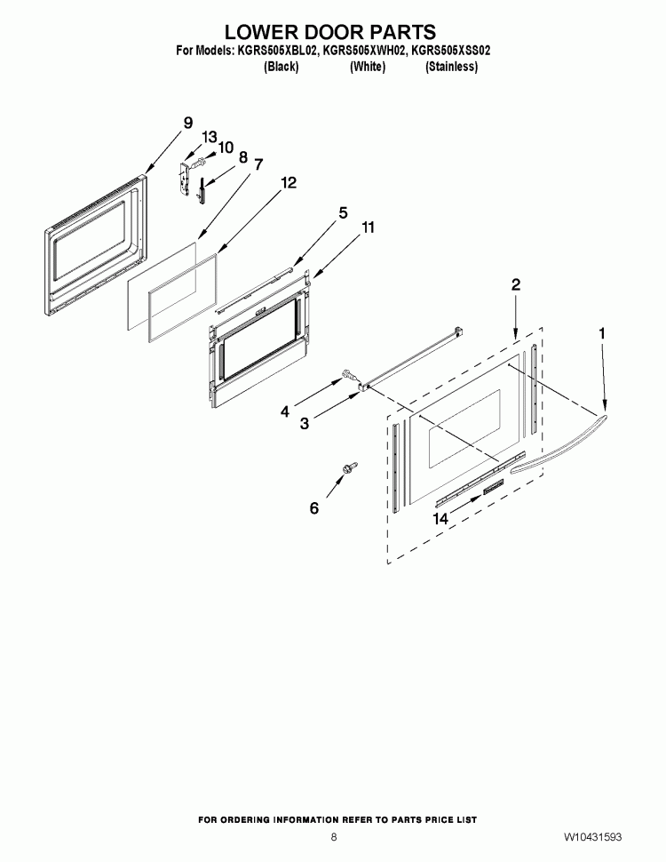 LOWER DOOR PARTS Diagram and Parts List for KGRS505XBL02  KitchenAid Range
