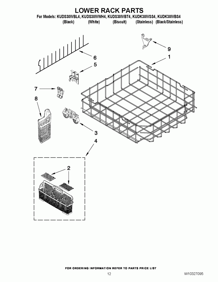LOWER RACK PARTS Diagram and Parts List for KUDK30IVSS4  KitchenAid Dishwasher