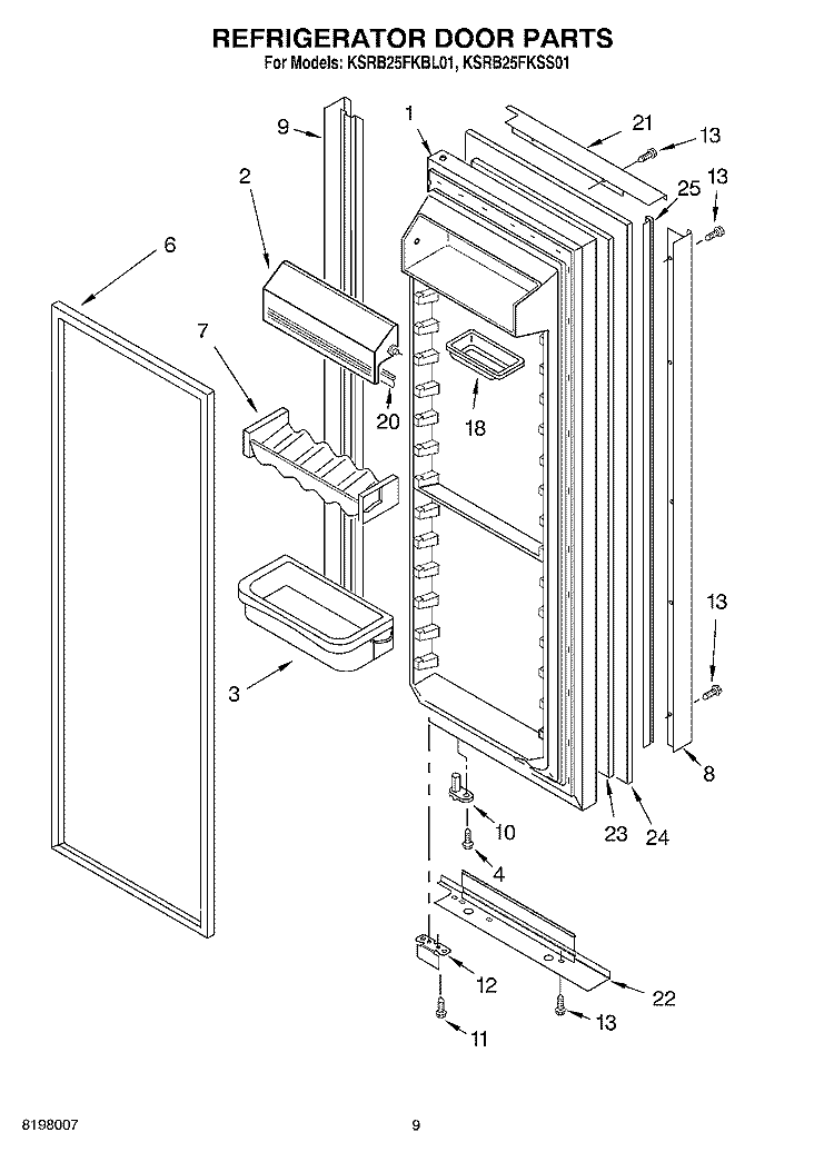 REFRIGERATOR DOOR Diagram and Parts List for KSRB25FKBL01  KitchenAid Refrigerator