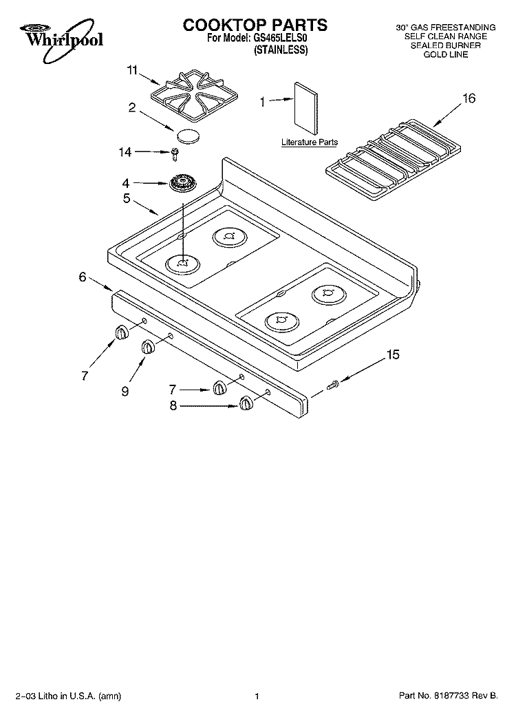 COOKTOP PARTS Diagram and Parts List for GS465LELS0  Whirlpool Range