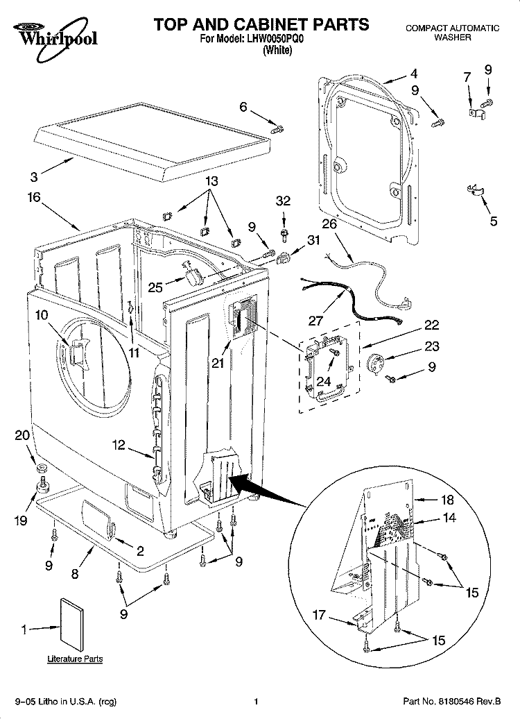 TOP AND CABINET PARTS Diagram and Parts List for LHW0050PQ0  Whirlpool Washer