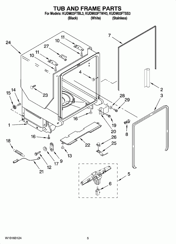 TUB AND FRAME PARTS Diagram and Parts List for KUDM03FTBL3  KitchenAid Dishwasher