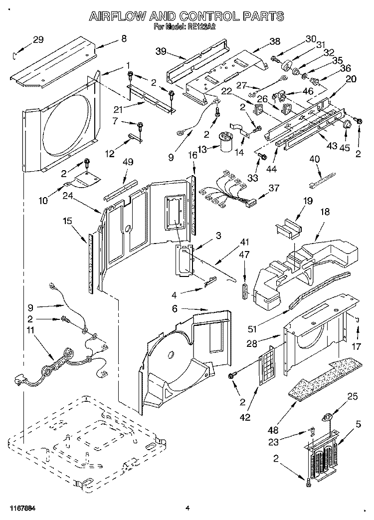 AIRFLOW AND CONTROL Diagram and Parts List for RE123A2  Whirlpool Air Conditioner