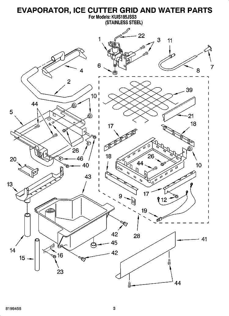 EVAPORATOR ICE CUTTER GRID AND WATER PARTS Diagram and Parts List for KUIS185JSS3  KitchenAid Ice Maker