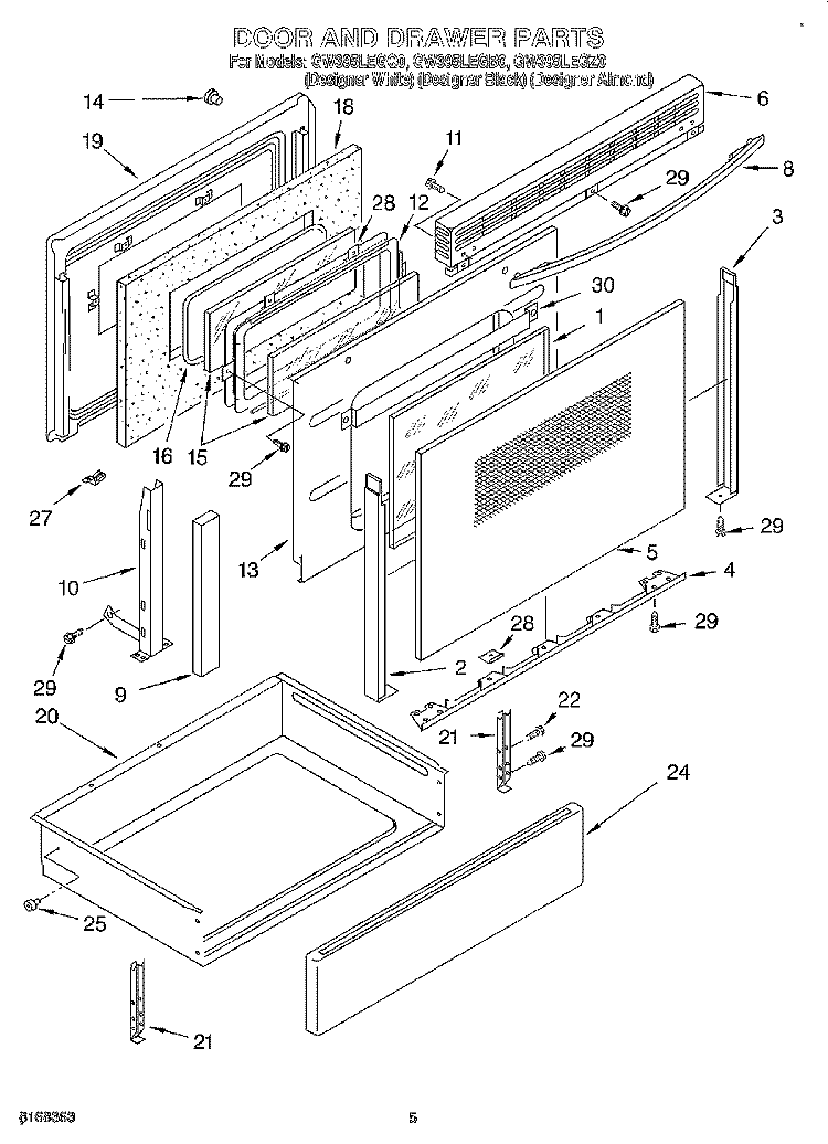 DOOR AND DRAWER Diagram and Parts List for GW395LEGZ0  Whirlpool Range