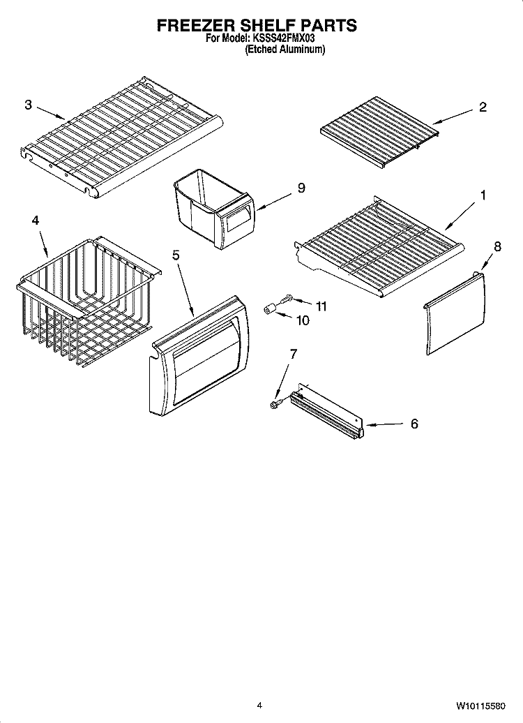 FREEZER SHELF PARTS Diagram and Parts List for KSSS42FMX03  KitchenAid Refrigerator