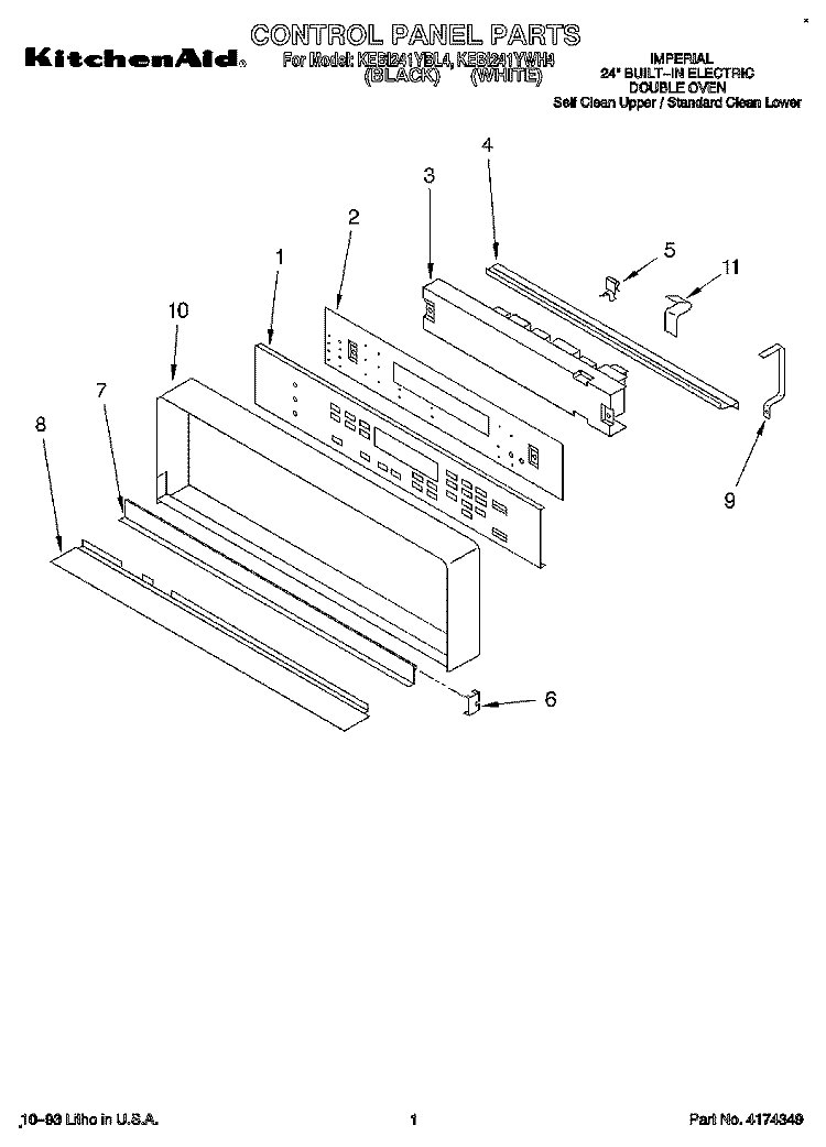CONTROL PANEL, LITERATURE Diagram and Parts List for KEBI241YBL4  KitchenAid Wall Oven