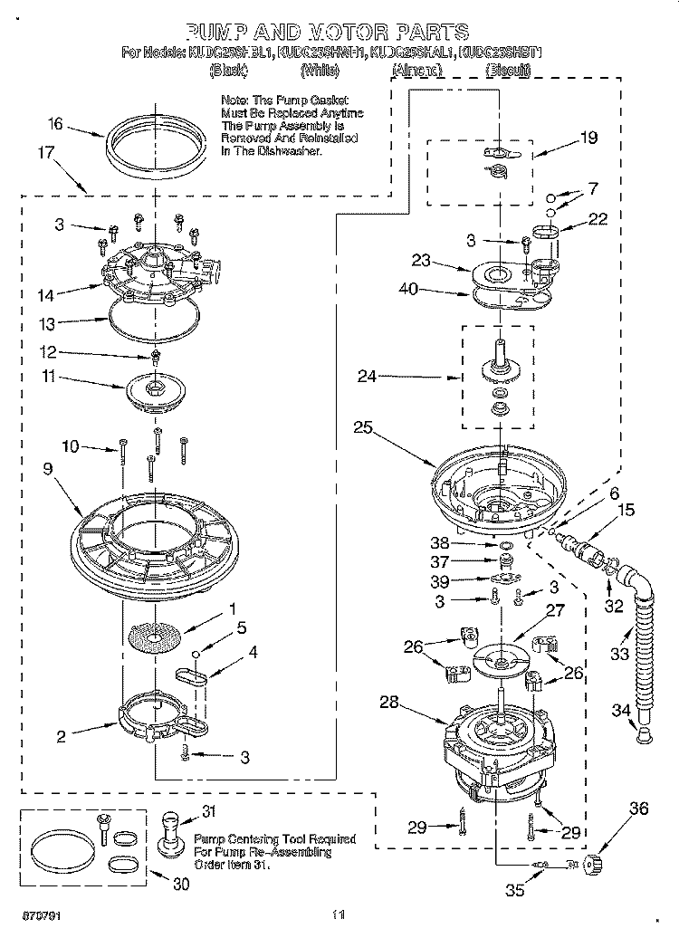 PUMP AND MOTOR Diagram and Parts List for KUDG25SHBL1  KitchenAid Dishwasher