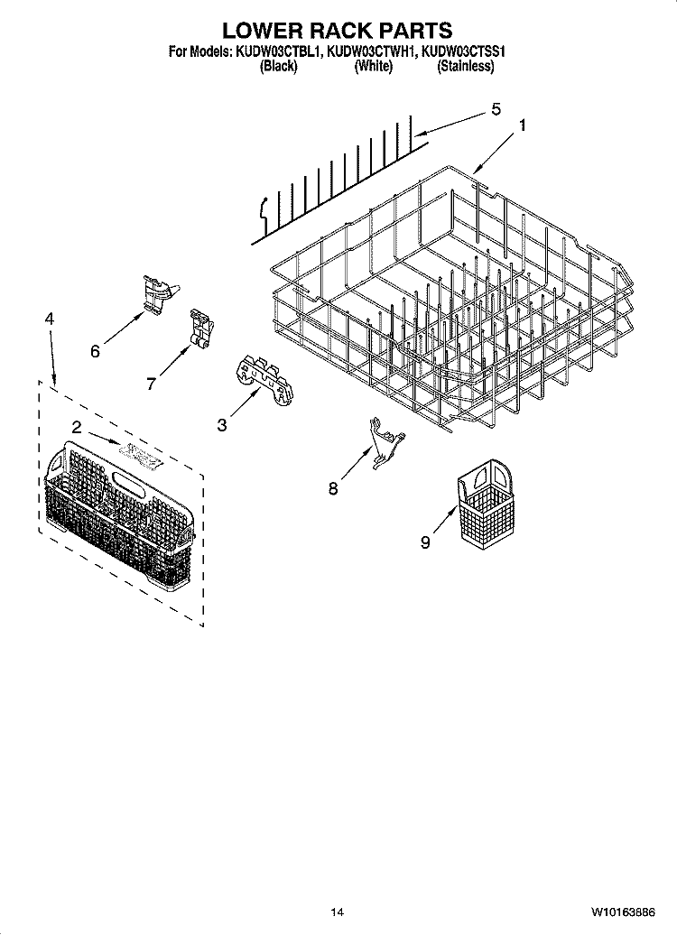 LOWER RACK PARTS, OPTIONAL PARTS (NOT INCLUDED) Diagram and Parts List for KUDW03CTBL1  KitchenAid Dishwasher