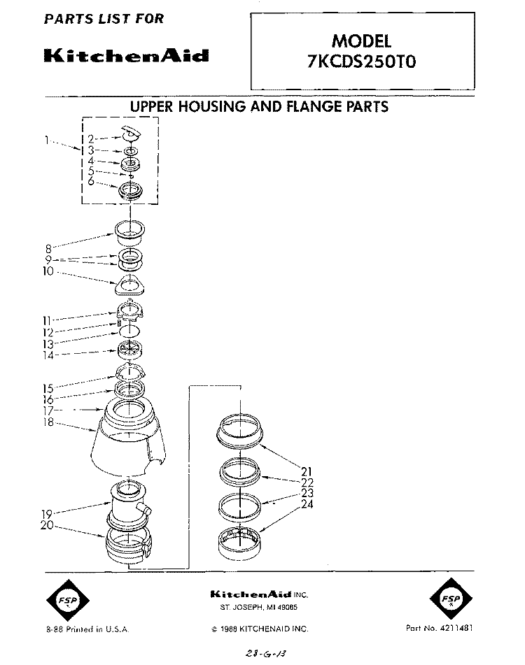 SECTION Diagram and Parts List for 7KCDS250T0  KitchenAid Food Waste Disposer