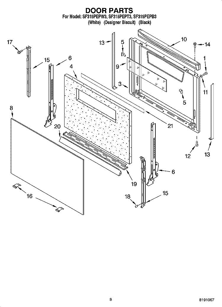 DOOR PARTS, OPTIONAL PARTS Diagram and Parts List for SF315PEPW3  Whirlpool Range