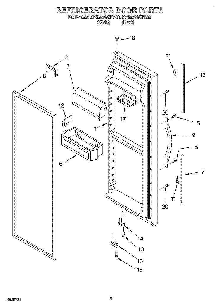 REFRIGERATOR DOOR Diagram and Parts List for 2VGD29DQFW00  Whirlpool Refrigerator