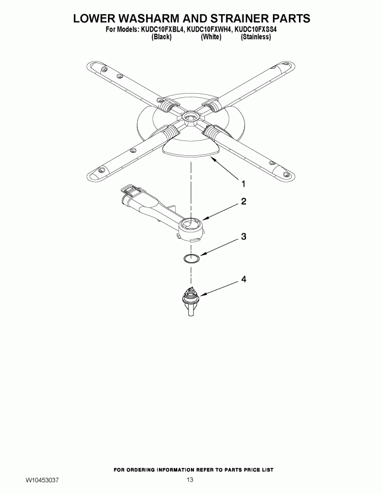 LOWER WASHARM AND STRAINER PARTS Diagram and Parts List for KUDC10FXSS4  KitchenAid Dishwasher