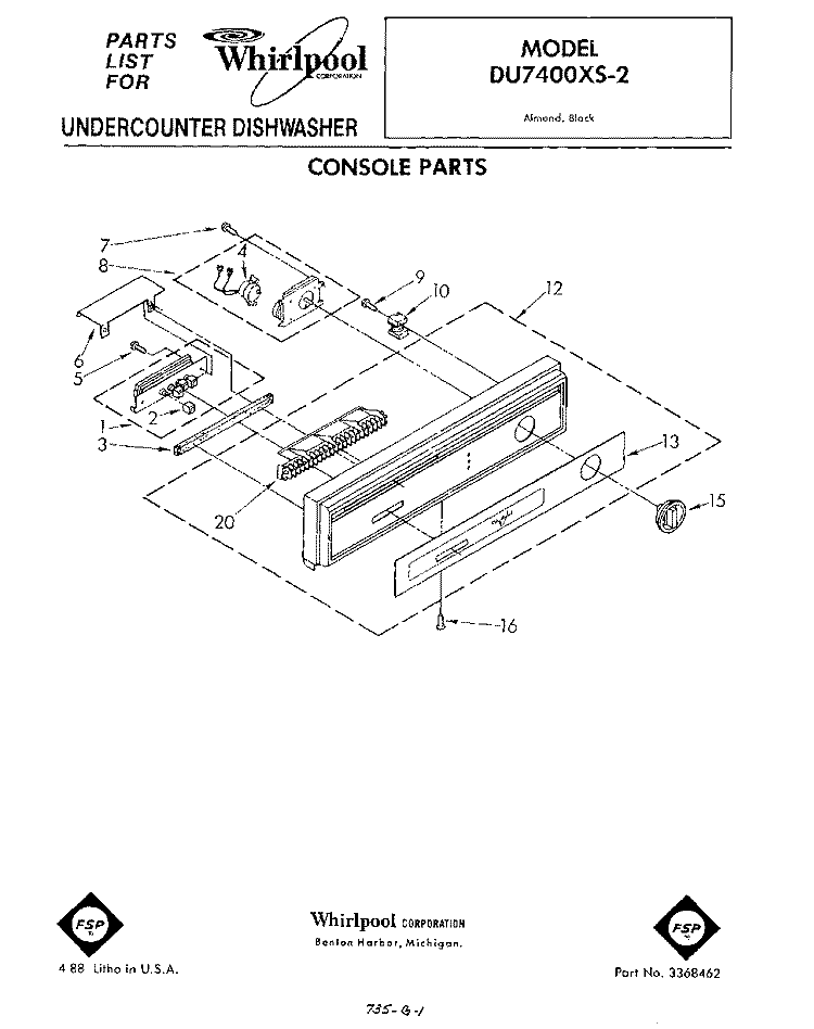 CONSOLE Diagram and Parts List for DU7400XS2  Whirlpool Dishwasher