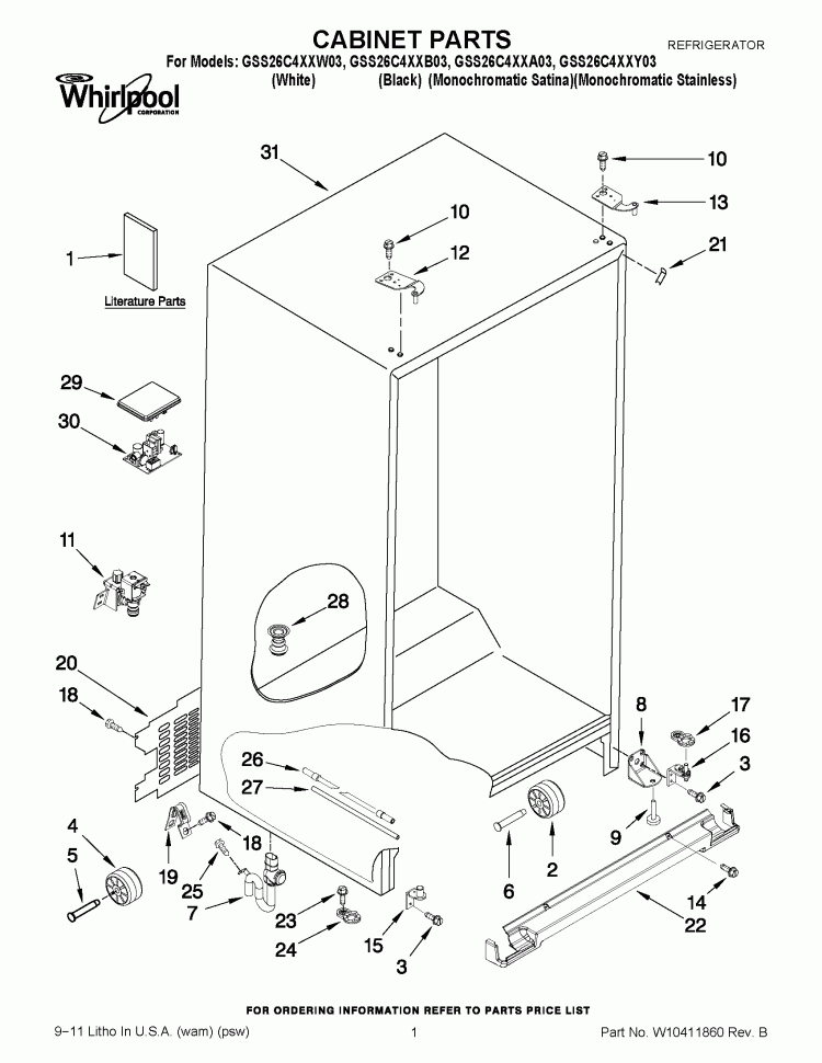 CABINET PARTS Diagram and Parts List for GSS26C4XXA03  Whirlpool Refrigerator