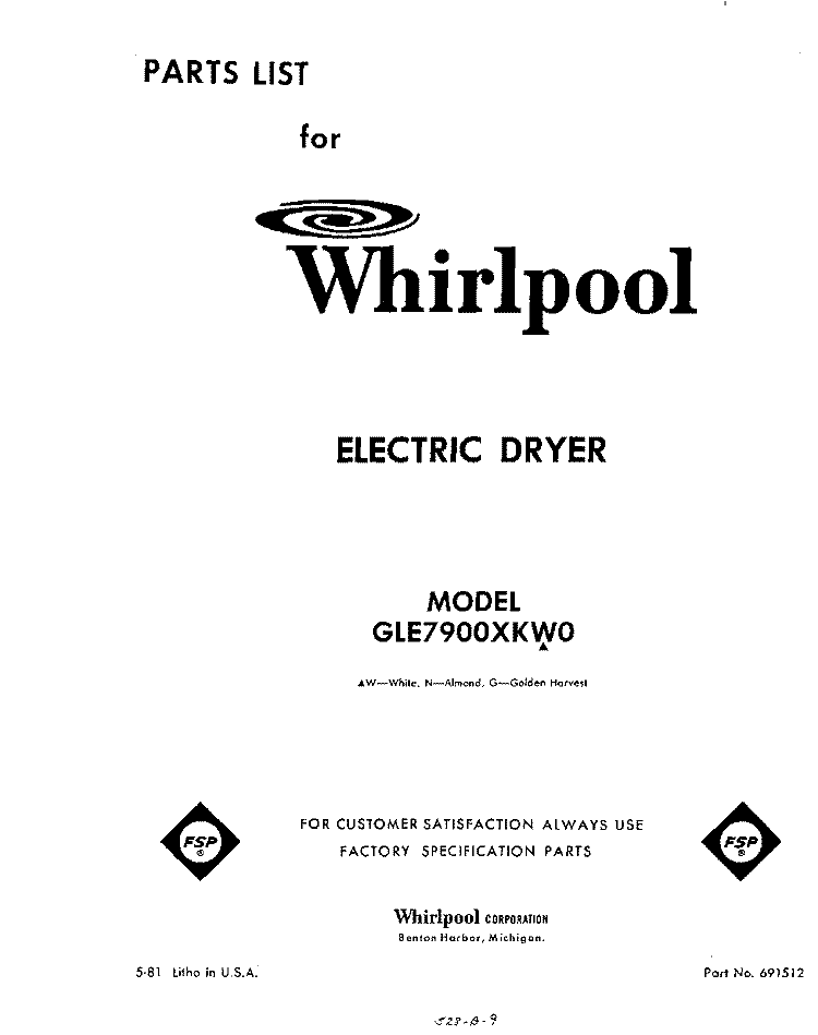 SECTION Diagram and Parts List for GLE7900XKW0  Whirlpool Dryer