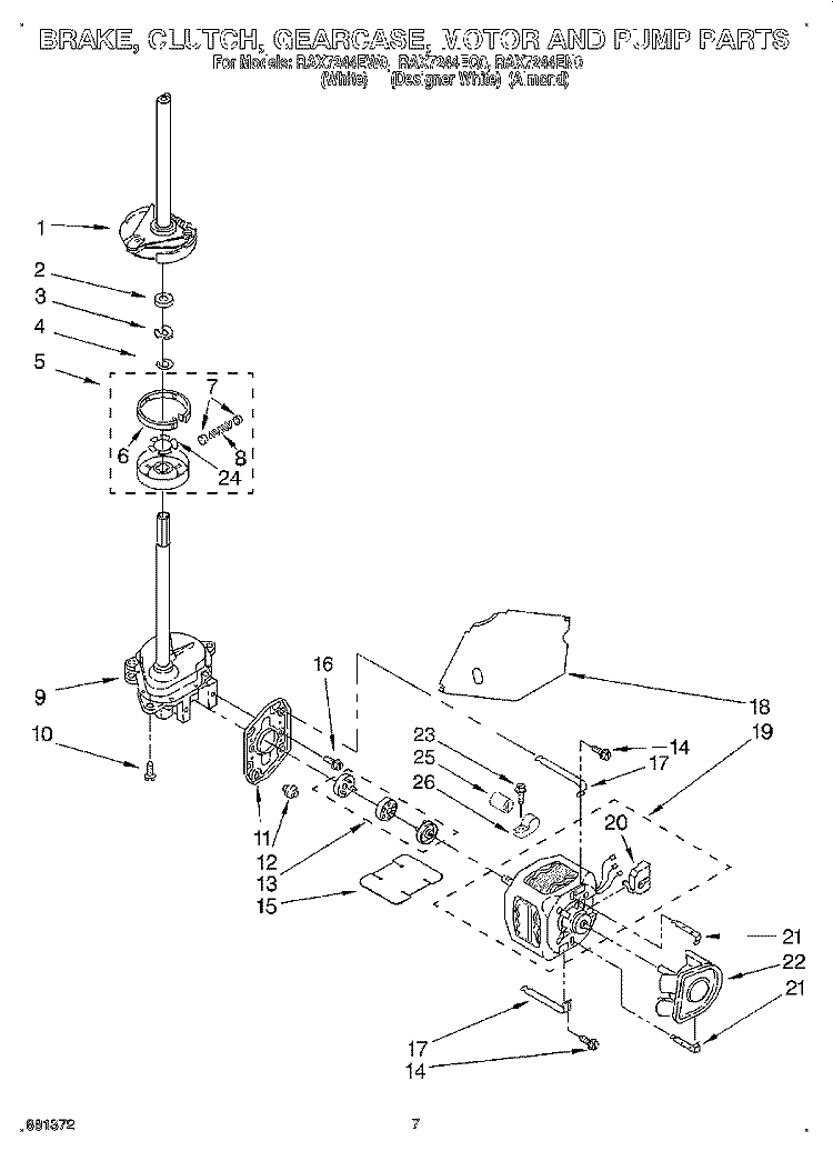 BRAKE, CLUTCH, GEARCASE, MOTOR AND PUMP Diagram and Parts List for RAX7244EN0  Roper Washer
