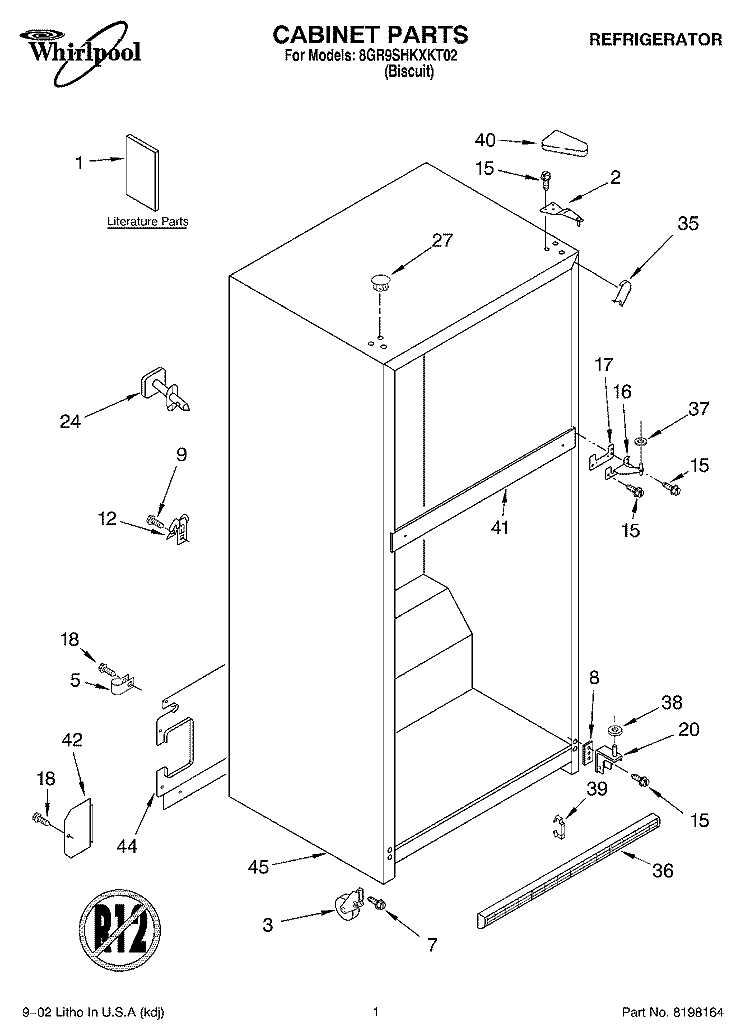 CABINET, LITERATURE Diagram and Parts List for 8GR9SHKXKT02  Whirlpool Refrigerator