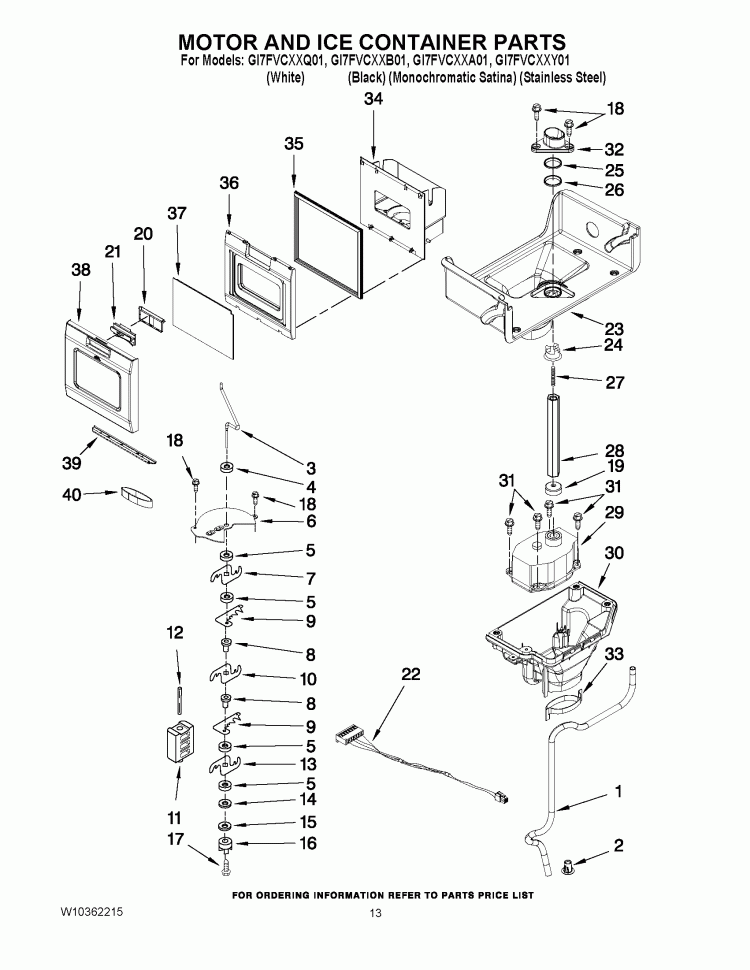 MOTOR AND ICE CONTAINER PARTS Diagram and Parts List for GI7FVCXXB01  Whirlpool Refrigerator