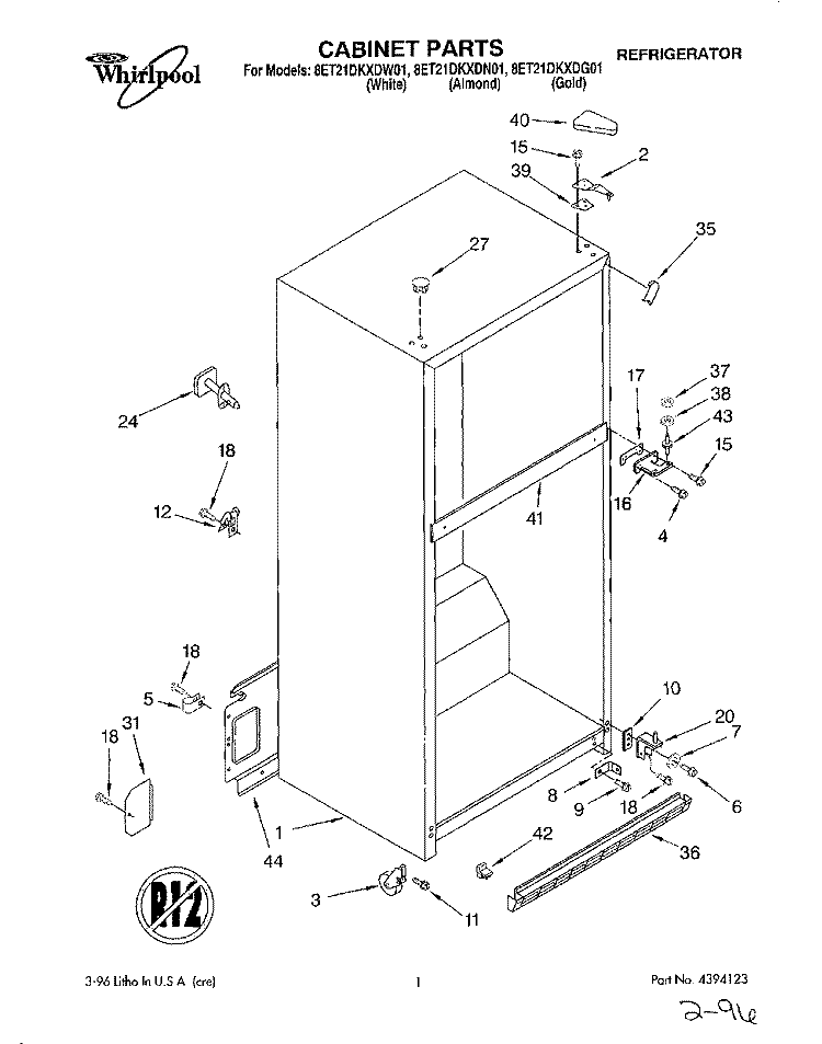 CABINET Diagram and Parts List for 8ET21DKXDG01  Whirlpool Refrigerator