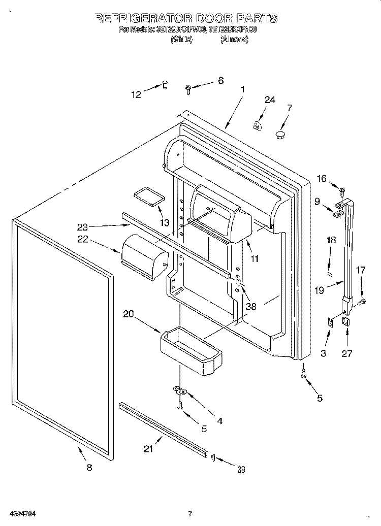 REFRIGERATOR DOOR Diagram and Parts List for 3ET22DKXFW00  Whirlpool Refrigerator