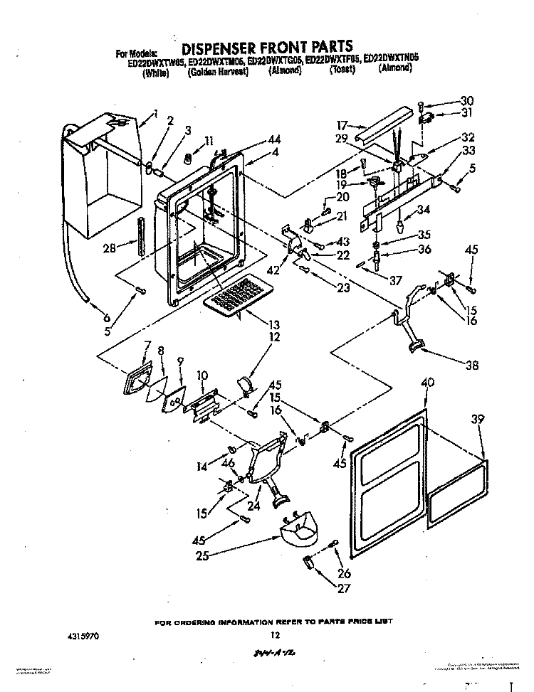 DISPENSER FRONT Diagram and Parts List for ED22DWXTG05  Whirlpool Refrigerator