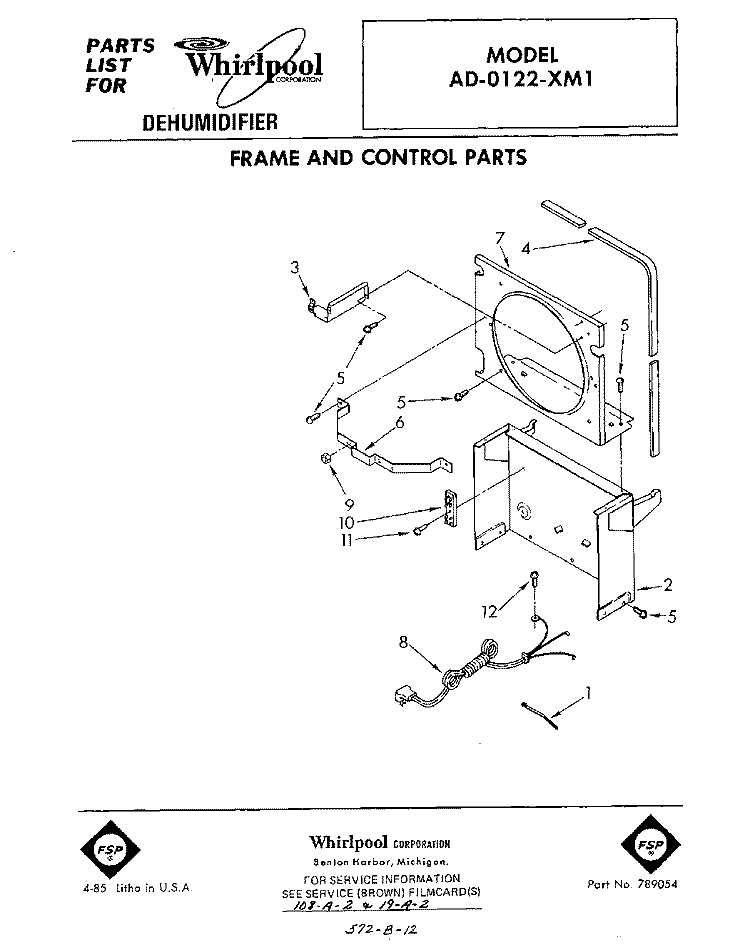 SECTION Diagram and Parts List for AD0122XM1  Whirlpool Dehumidifier