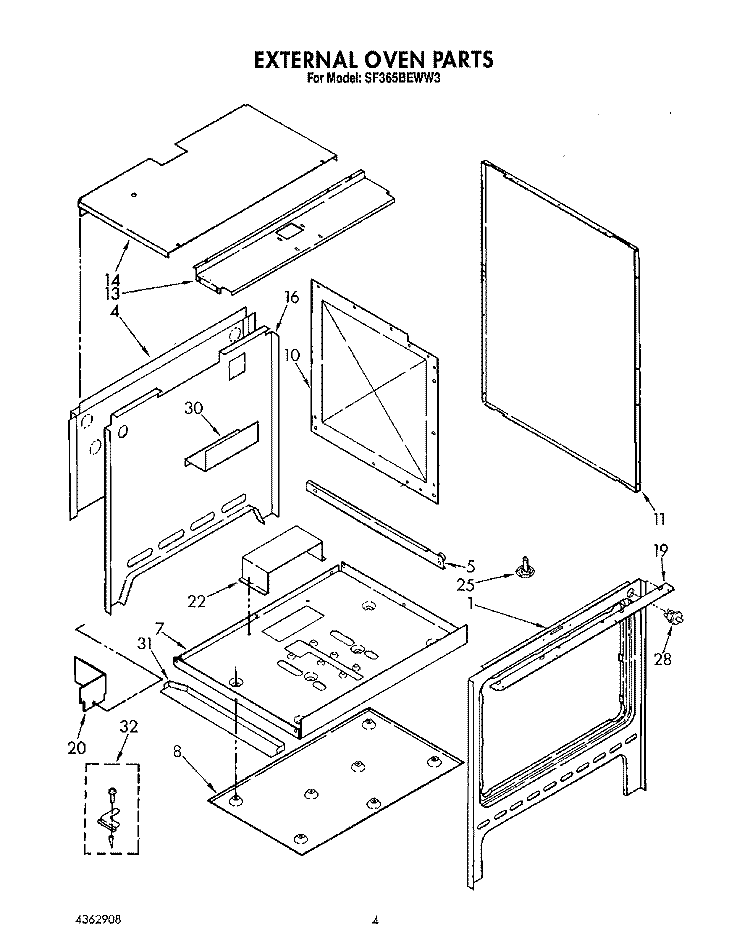 EXTERNAL OVEN Diagram and Parts List for SF365BEWN3  Whirlpool Range