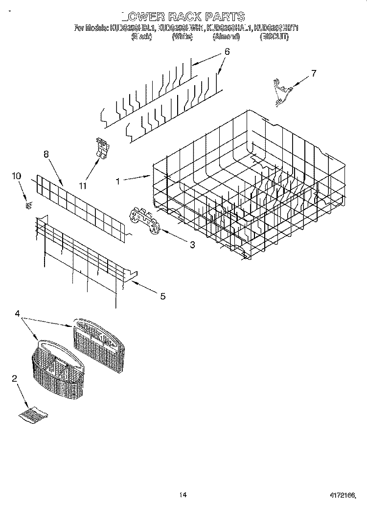 LOWER RACK Diagram and Parts List for KUDS25SHBT1  KitchenAid Dishwasher