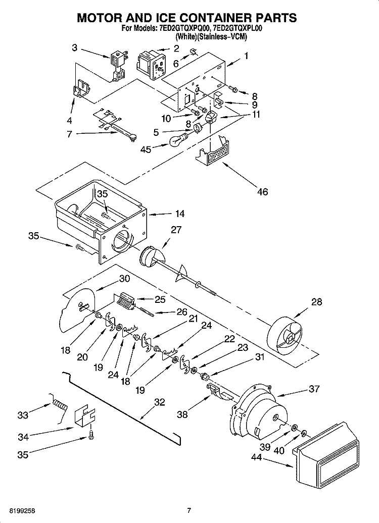 MOTOR AND ICE CONTAINER PARTS Diagram and Parts List for 7ED2GTQXPL00  Whirlpool Refrigerator