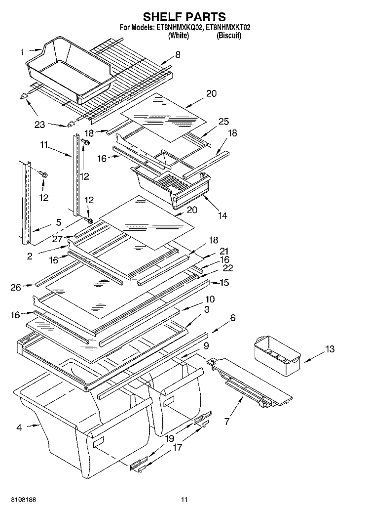 SHELF, OPTIONAL Diagram and Parts List for ET8NHMXKQ02  Whirlpool Refrigerator