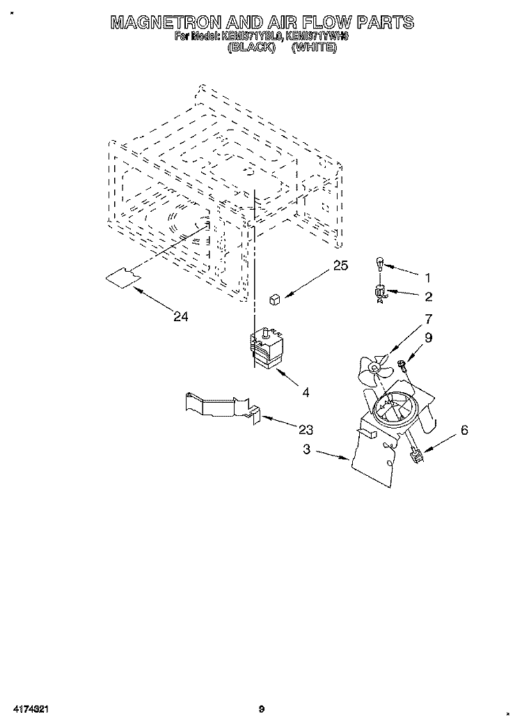 MAGNETRON AND AIR FLOW Diagram and Parts List for KEMI371YBL0  KitchenAid Wall Oven