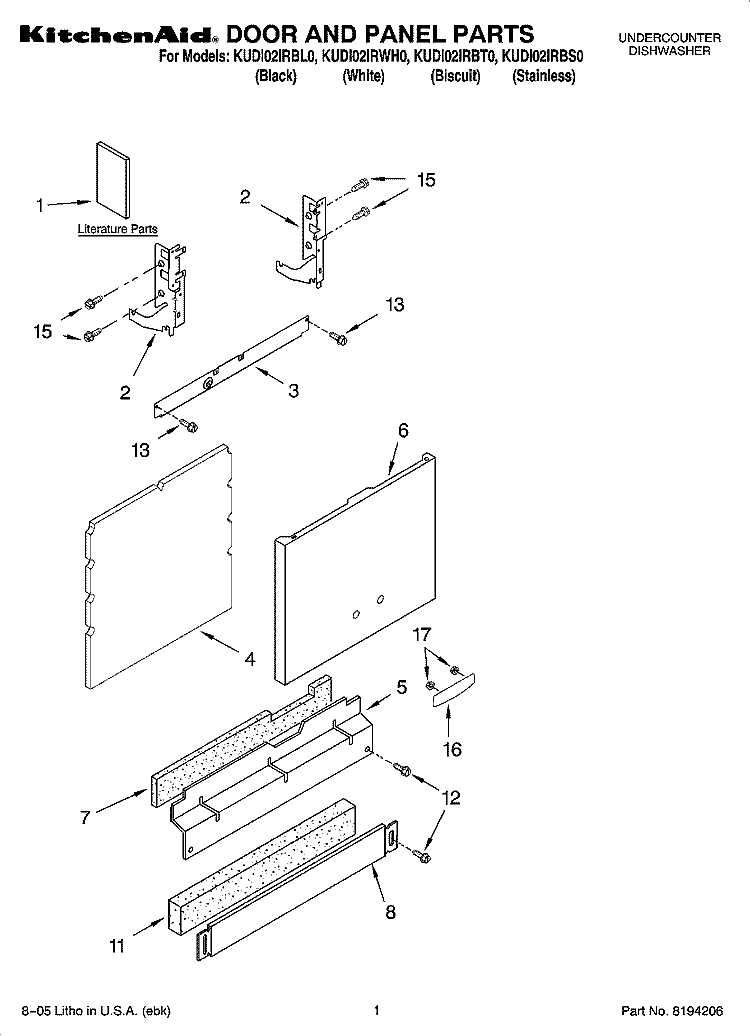 DOOR AND PANEL PARTS Diagram and Parts List for KUDI02IRBT0  KitchenAid Dishwasher