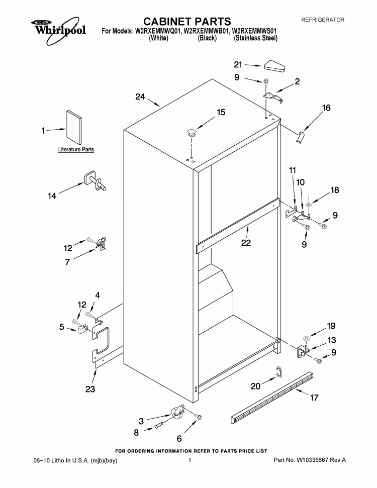 CABINET PARTS Diagram and Parts List for W2RXEMMWS01  Whirlpool Refrigerator