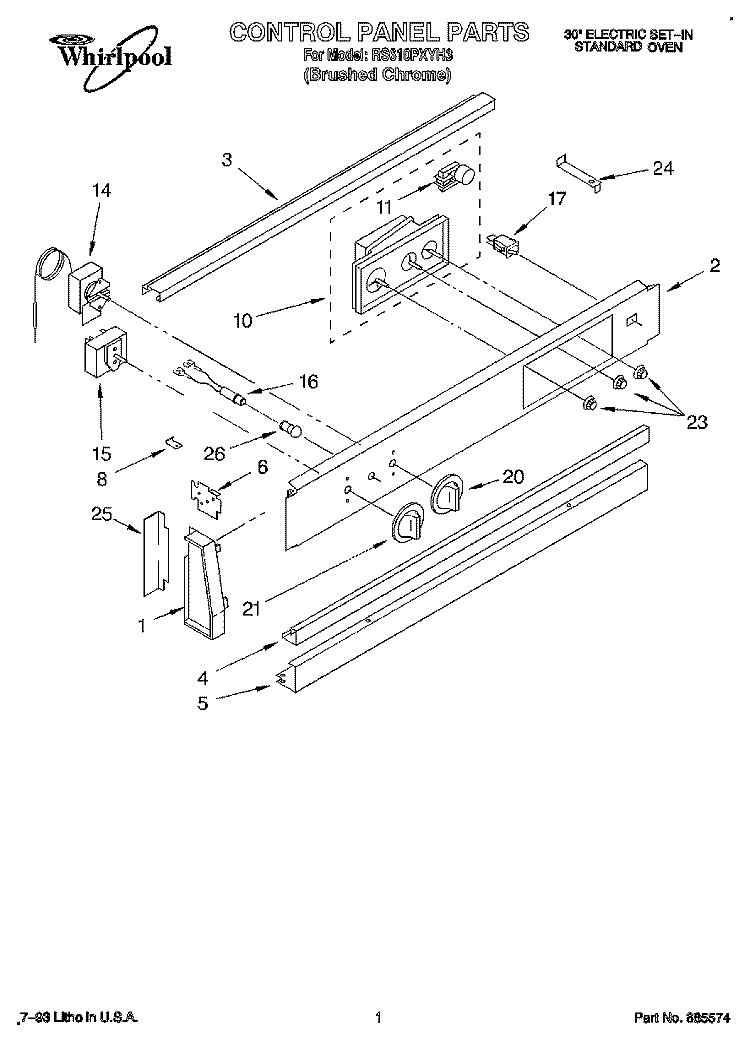 CONTROL PANEL Diagram and Parts List for RS610PXYH3  Whirlpool Range