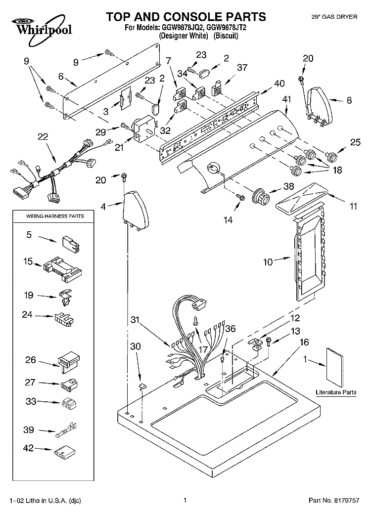 TOP AND CONSOLE, LIT/OPTIONAL Diagram and Parts List for GGW9878JT2  Whirlpool Dryer