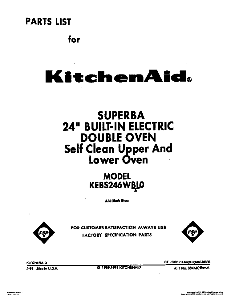 COVER Diagram and Parts List for KEBS246WBL0  KitchenAid Wall Oven