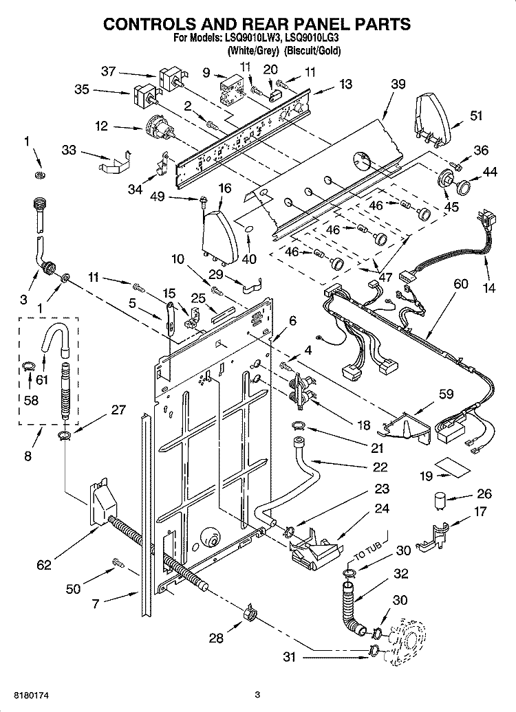 CONTROLS AND REAR PANEL PARTS Diagram and Parts List for LSQ9010LG3  Whirlpool Washer