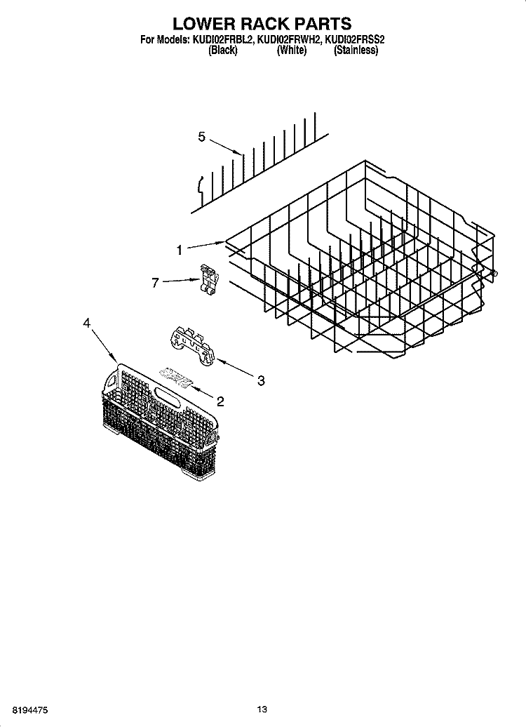 LOWER RACK PARTS, OPTIONAL PARTS (NOT INCLUDED) Diagram and Parts List for KUDI02FRBL2  KitchenAid Dishwasher