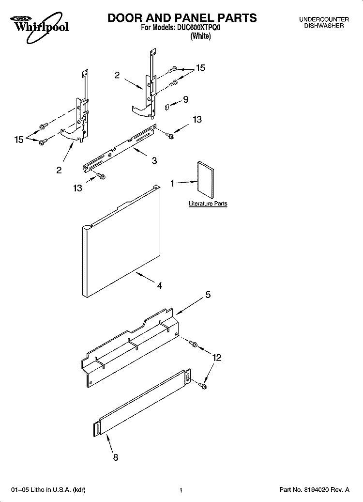 DOOR AND PANEL PARTS Diagram and Parts List for DUC600XTPQ0  Whirlpool Dishwasher