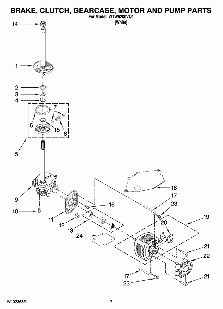 BRAKE, CLUTCH, GEARCASE, MOTOR AND PUMP PARTS Diagram and Parts List for WTW5200VQ1  Whirlpool Washer