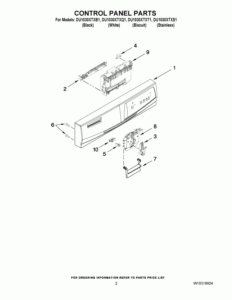 CONTROL PANEL PARTS Diagram and Parts List for DU1030XTXB1  Whirlpool Dishwasher
