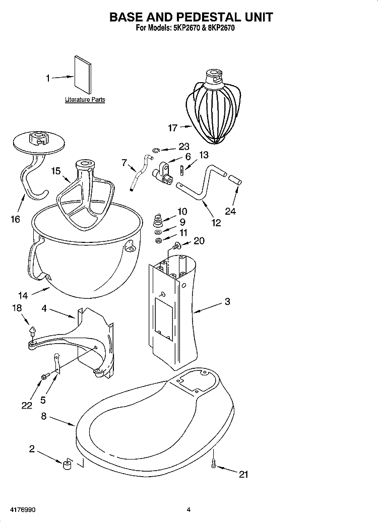 BASE AND PEDESTAL UNIT AND ACCESSORY PARTS Diagram and Parts List for 5KP2670  KitchenAid Mixer