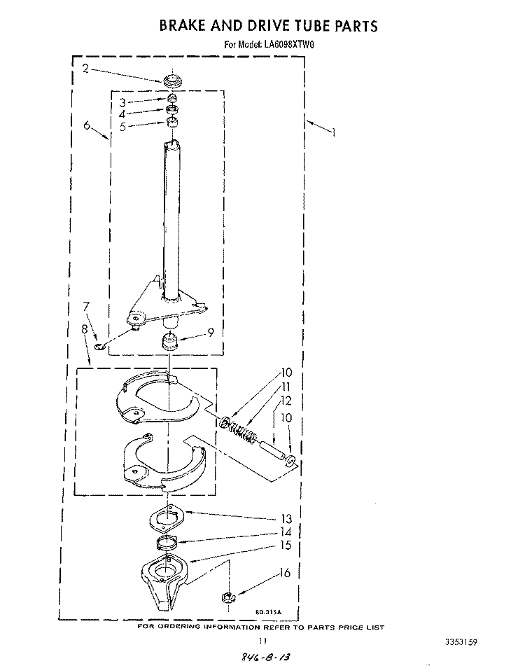 BRAKE AND DRIVE TUBE Diagram and Parts List for LA6098XTF0  Whirlpool Washer