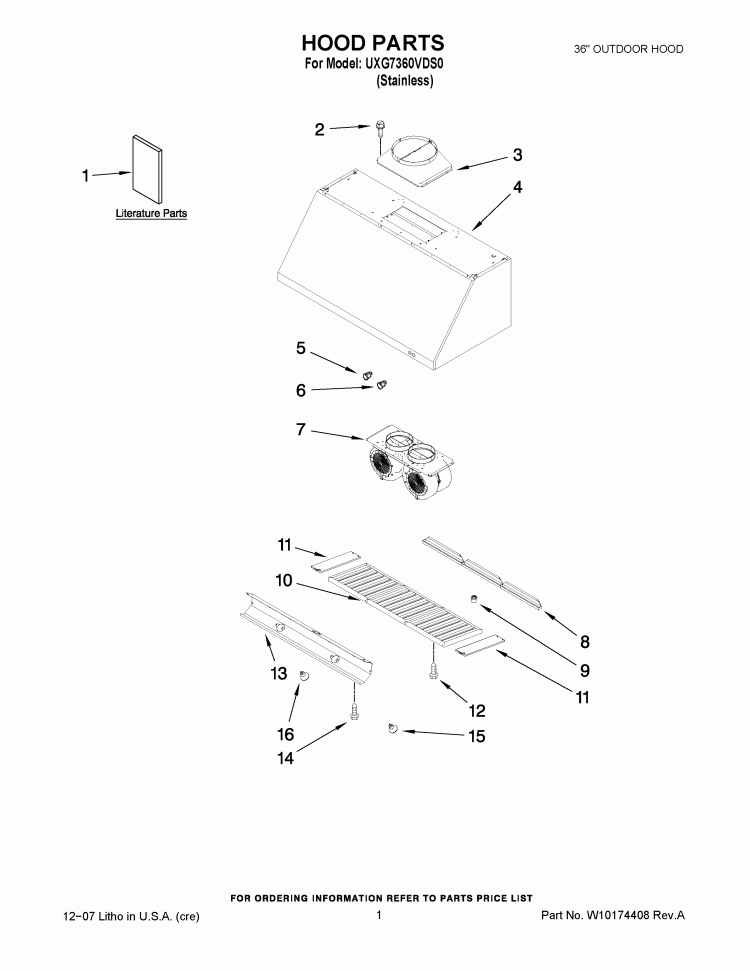 HOOD PARTS Diagram and Parts List for UXG7360VDS0  Whirlpool Range Hood