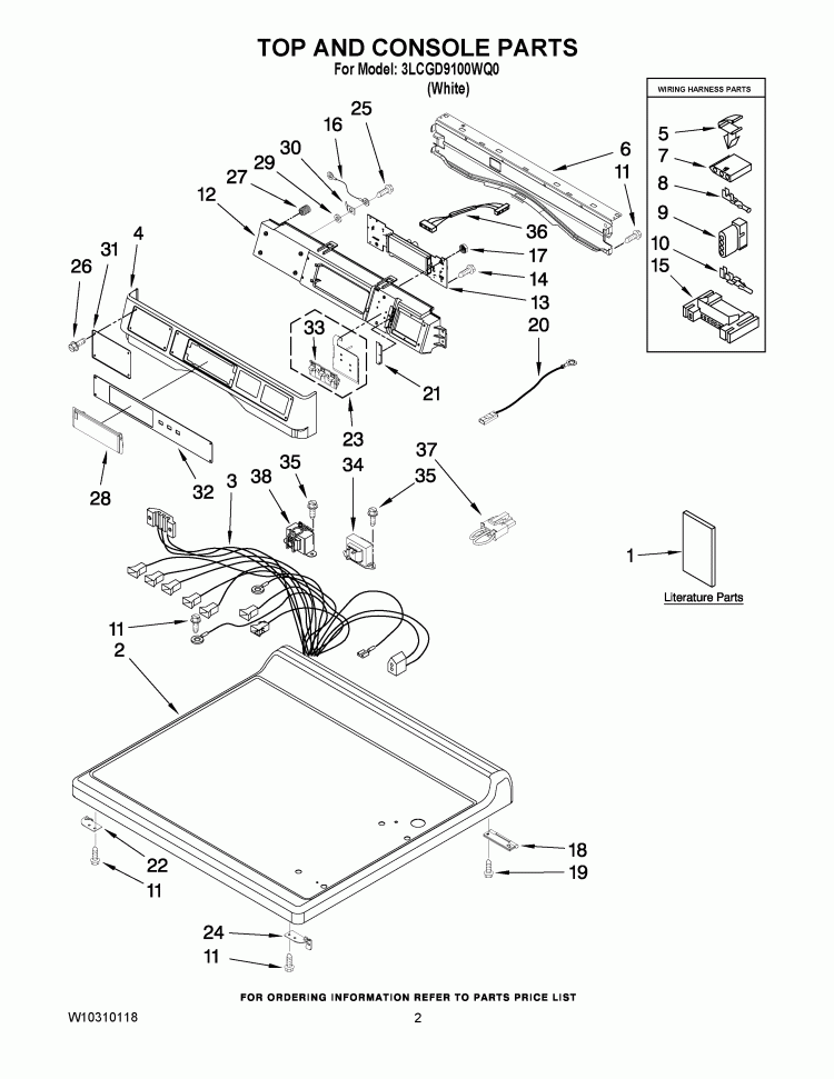 TOP AND CONSOLE PARTS Diagram and Parts List for 3LCGD9100WQ0  Whirlpool Dryer